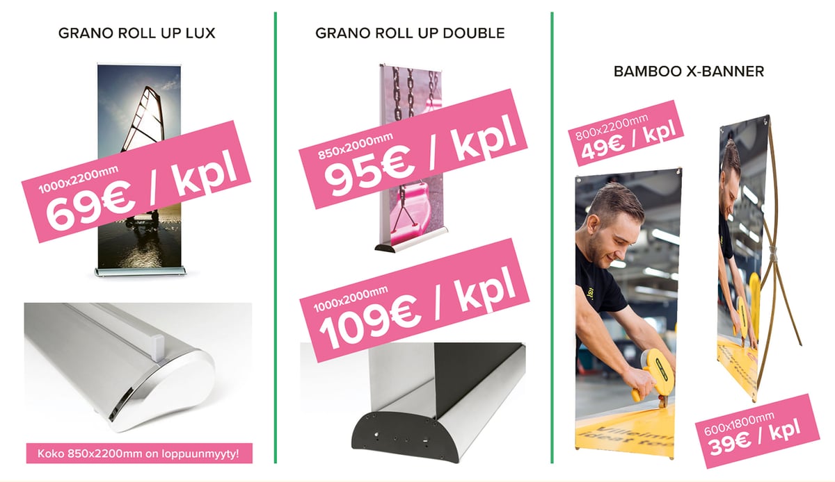 Roll-up telineet tarjoushintaan Granolta
